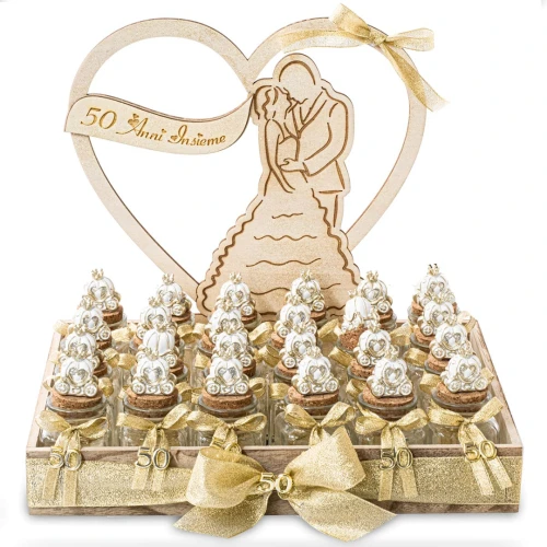 Torta bomboniere Nozze oro 24 barattolini con carrozze