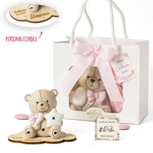 Bomboniere Linea Teo Femmina 2026 Orsetto con fiocco rosa Salvadanaio o Luce LED