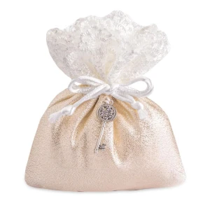ULTIMI PEZZI 45 Sacchetti Bomboniere eleganti Oro con ciondolo chiave 10x12 cm PREZZO PER TUTTI