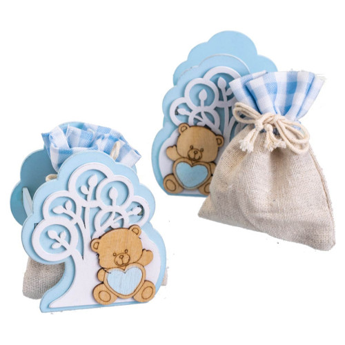 Bomboniere Battesimo Maschio portaconfetti orsetto legno con sacchetto