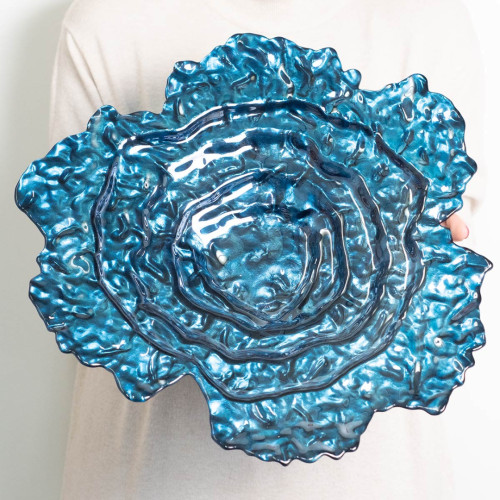 Centrotavola in vetro a forma di fiore blu diametro 42 cm