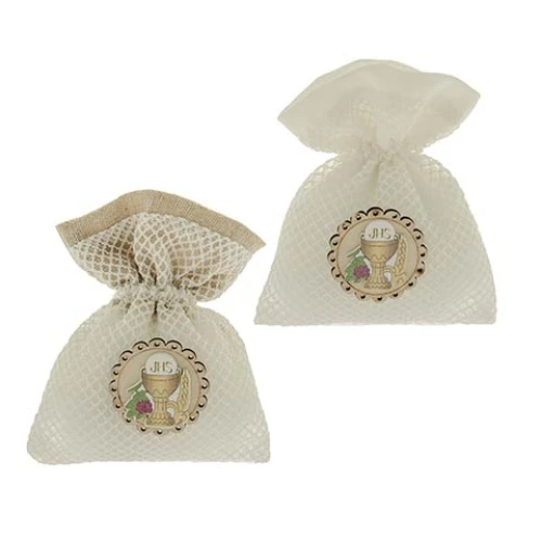 ULTIMI PEZZI 20 Sacchetti bianchi con applicazione simbolo Comunione assortiti in due colori 9x12 cm PREZZO PER TUTTI