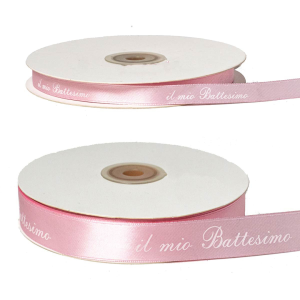 Nastro in raso rosa "Il mio Battesimo" per decorazioni - Rotolo da 50 mt