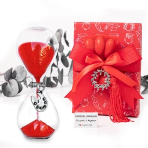 Bomboniere Diploma Accademico in Belle Arti Clessidra con sabbia rossa e con ciondolo tavolozza in argento