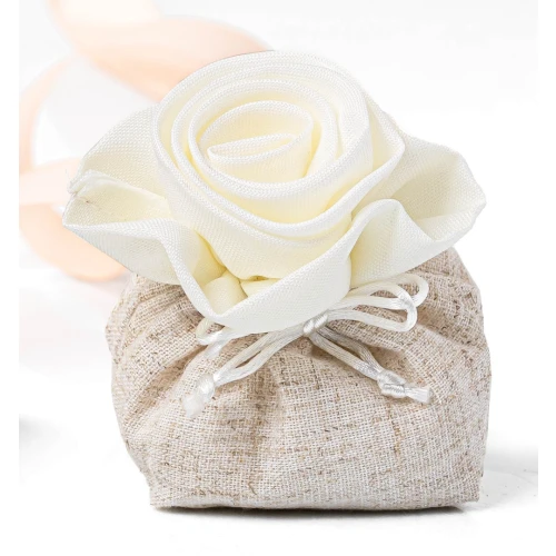 Sacchettino Portaconfetti tondo rustico con rosa in Offerta