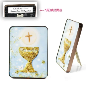 Bomboniere Prima Comunione 2026 Quadro calice con effetto pietra luminosa in rilievo personalizzabile
