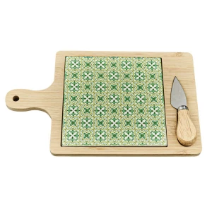 Bomboniere 2026 Tagliere quadrato Grande con coltellino Tema Maioliche verdi Linea Utile in Legno e Ceramica