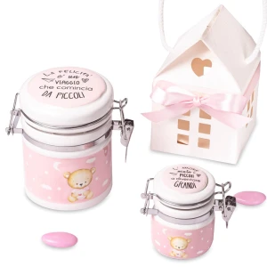Bomboniere Battesimo e Nascita 2025 Linea Baby Box Barattolino Orsetto Rosa con frase