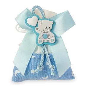 Ultimi 8 pezzi Sacchettino Piatto portaconfetti celeste con orsetto in legno su fiocco