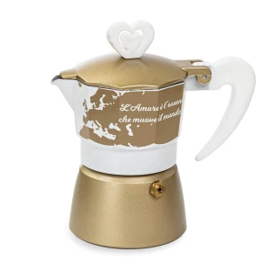 Bomboniere Matrimonio 2026 Moka Caffettiera Oro con pomello cuore,"L'Amore è l'essenza che muove il mondo"