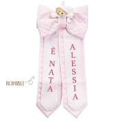 Fiocco Nascita rosa e bianco con orsetto e punto croce