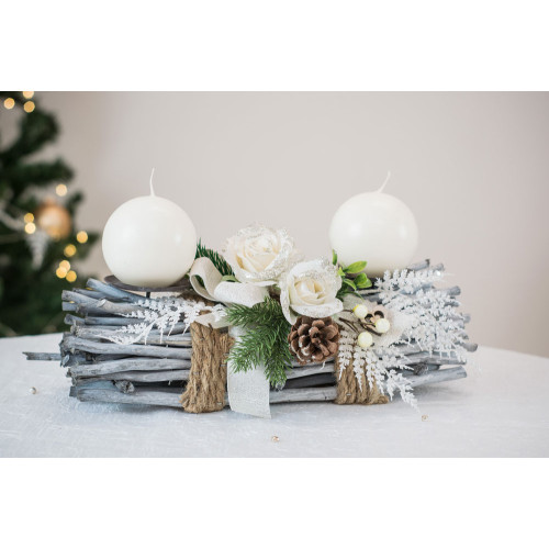 Idea Regalo Natale - Portacandele fascio di legno con composizione floreale