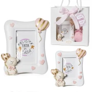 Bomboniera 2026 Battesimo e Nascita Femmina Portafoto Orsetto PUPO in Resina Rosa