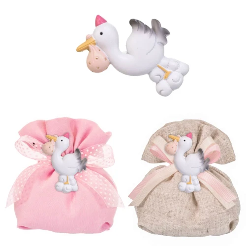 Bomboniere Battesimo Bimba Cicogna con fagotto rosa magnete