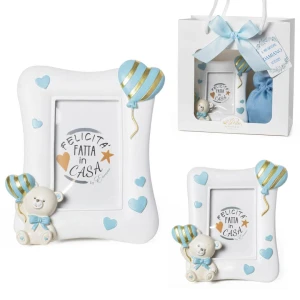 Bomboniera 2026 Battesimo e Nascita Maschio Portafoto Orsetto PUPO in Resina Celeste