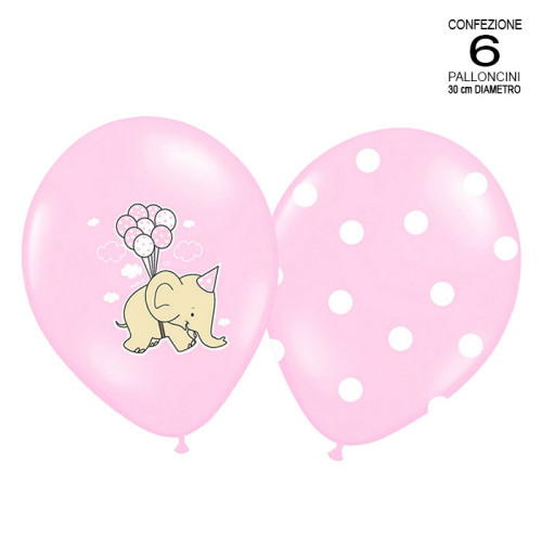 conf. 6 palloncini rosa con elefanti-pois assortiti per battesimo e nascita 30 cm