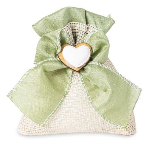 Ultimi 33 pezzi Sacchettino Rustico Portaconfetti Verde con fiocco ed applicazione cuore