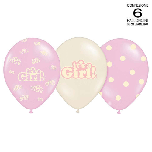 conf. 6 palloncini Rosa "It's a Girl" con pois assortiti per battesimo e nascita 30 cm