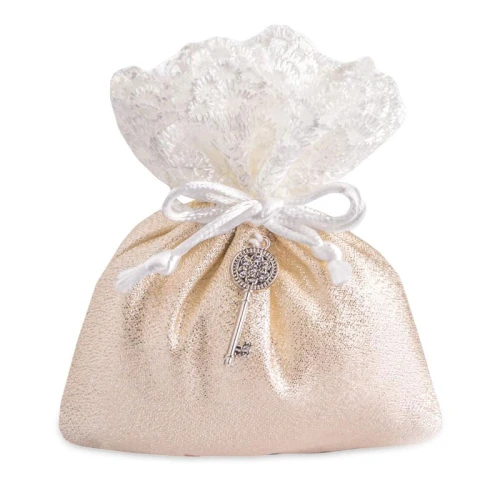 ULTIMI PEZZI 45 Sacchetti Bomboniere eleganti Oro con ciondolo chiave 10x12 cm PREZZO PER TUTTI