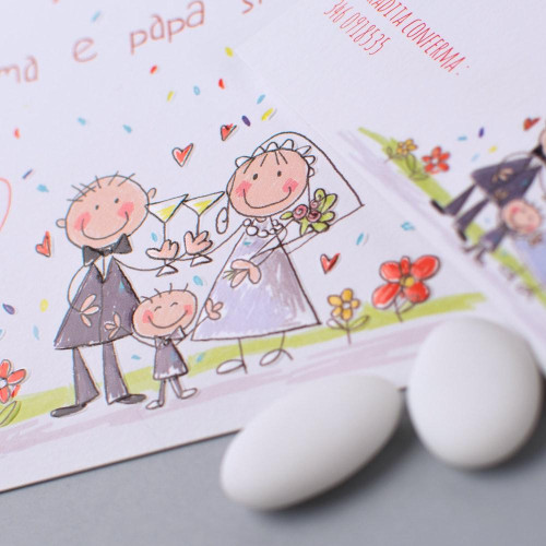 Partecipazione Matrimonio Originale con disegno infantile sposi e figlio - Pulcino