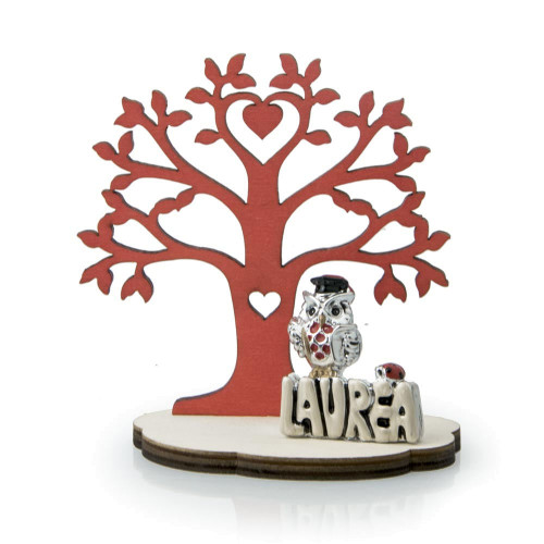 bomboniere laurea personalizzate gufo argento albero della vita rosso