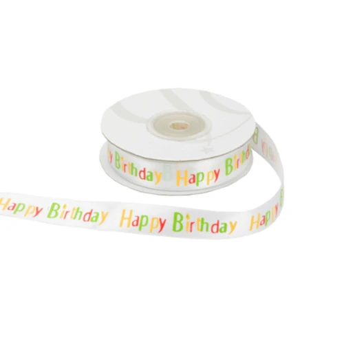 rotolo nastro raso Compleanno con stampa \"Nappy Birthday\" 15 mm x 25 mt