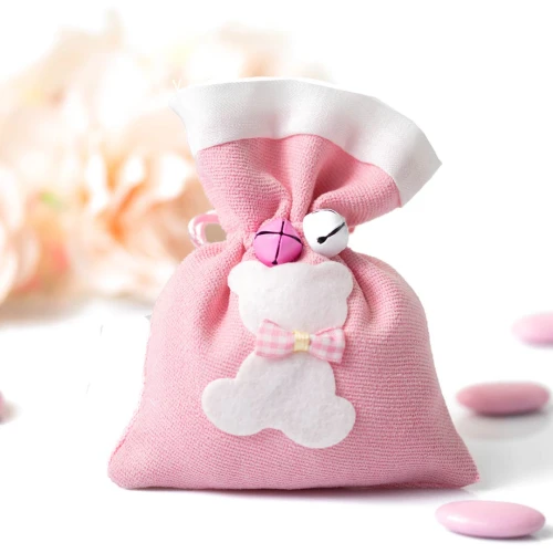 Sacchettino Portaconfetti rosa con orsetto e sonagli in Offerta