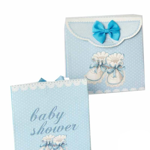 Ultimi 55 pezzi scatoline portaconfetti scritta \"baby shower\" celeste misura 9x11 cm