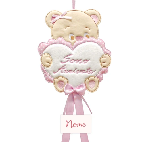 Fiocco Nascita bimba orsetto con cuore \"Sono Arrivata\"
