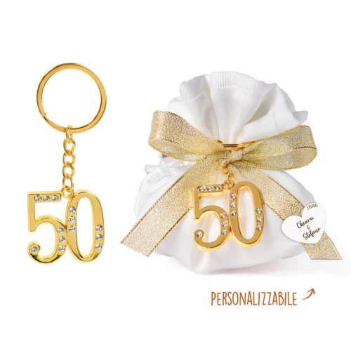 Bomboniere Nozze d\'Oro o Compleanno Portachiavi 50 oro con strass in metallo