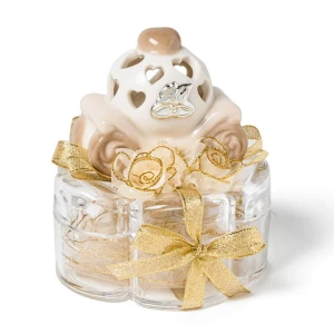 Bomboniera Nozze d'Oro Carrozza in ceramica su cofanetto in plexiglass con 50 argento