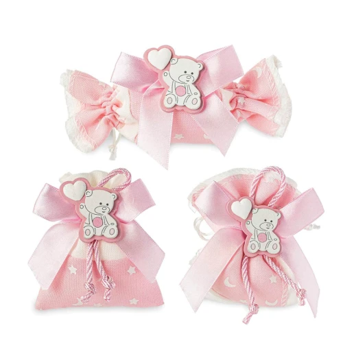 Sacchettini portaconfetti rosa con orsetto in legno su fiocco