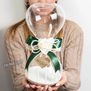 Idea Regalo Nozze di Smeraldo 2026 Clessidra Maxi in vetro con sabbia bianca con fiore e applicazione cuore