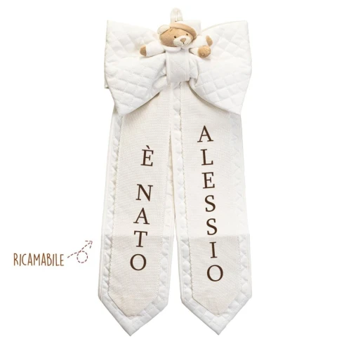 Fiocco Nascita neutro unisex avorio e bianco con orsetto e punto croce
