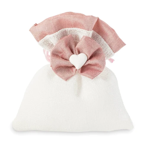 ULTIMI PEZZI 15 Sacchettini bianchi con dettagli rosa antico e fiocco con cuoricino gessetto 10x12 cm PREZZO PER TUTTI