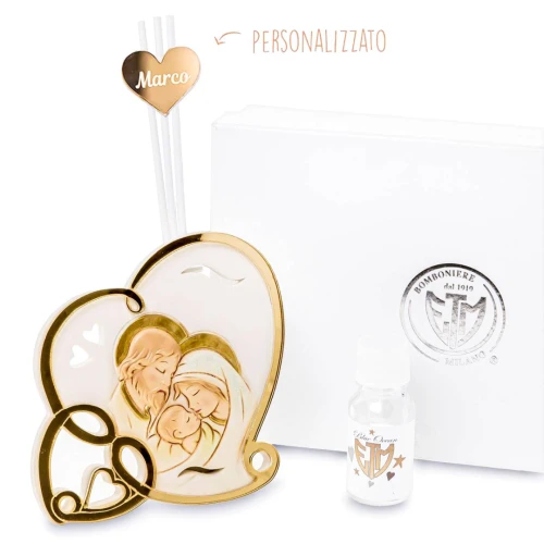 Bomboniere 2025 Icona Profumatore Personalizzabile a forma di cuore con sacra famiglia in resina