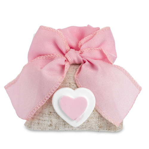 Bomboniere Battesimo Bimba Sacchettino con Cuore Rosa in Gesso