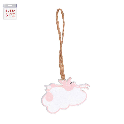 Tag Cicogna con nuvola rosa in legno con cordino - confezione da 6 pezzi