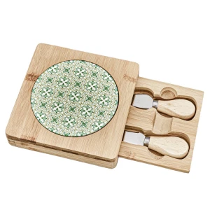 Bomboniere 2027 Tagliere con inserto per 2 coltellini Tema Maioliche verdi Linea Utile in Legno e Ceramica