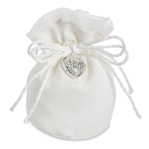 Sacchettino Tondo portaconfetti Elegante in tessuto bianco con Ciondolo Cuore Love