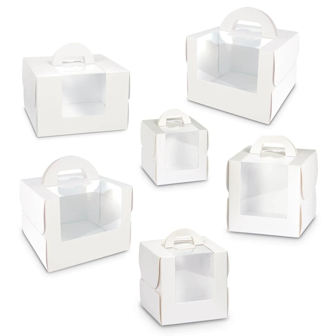 AcDesign - 100 Scatole Per Cupcake Con Finestra, Singole, Con Manico E Inserti, In Cartone, Ideali Per Pasticceria E Matrimoni, 8,9x8,9x11,2 Cm