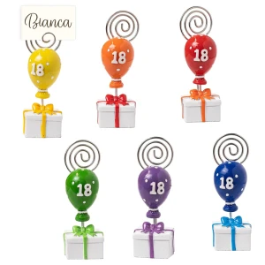 Bomboniere Linea Diciotto 2027 Clip colorate con palloncino e pacco regalo 18° Compleanno