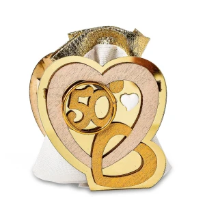 Bomboniere 2027 Nozze d’Oro con Cuori e Numero 50 in Oro in Legno con Sacchettino