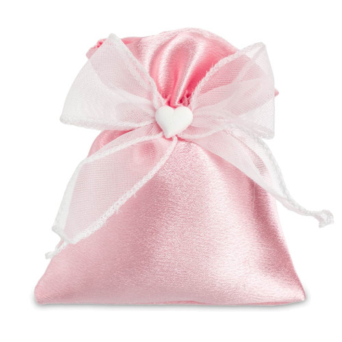 Sacchettino Portaconfetti in Raso Rosa con Fiocco e Cuore Bianco