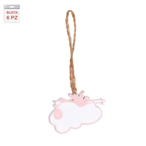 Tag Cicogna con nuvola rosa in legno con cordino - confezione da 6 pezzi