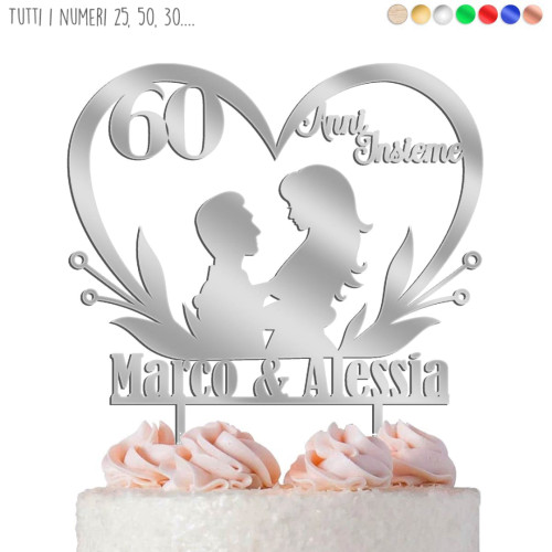 Cake Topper Cuore Sposi Personalizzato Nozze di Diamante 60° Anniversario