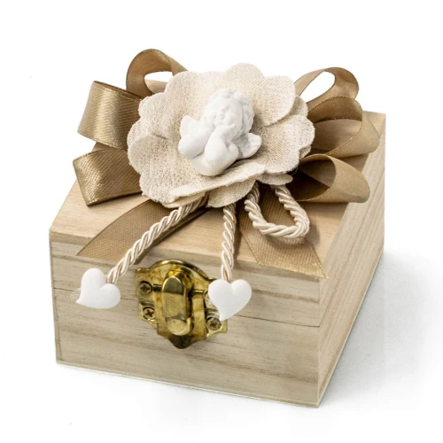 Ultimi 11 bomboniere scatolina legno con angelo in gesso