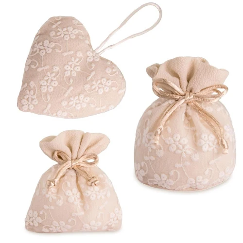 Bomboniere Sacchetti Portaconfetti in tessuto beige ricamato molto bello, idea bomboniera Fai-da-te, completi di tirante a chiusura
