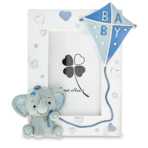 Bomboniere Battesimo e Nascita Baby Elefantino con Aquilone Portafoto Grande Celeste in resina