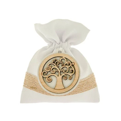 ULTIMI PEZZI 20 Sacchetti bianchi con Albero della Vita in legno 8x10 cm PREZZO PER TUTTI